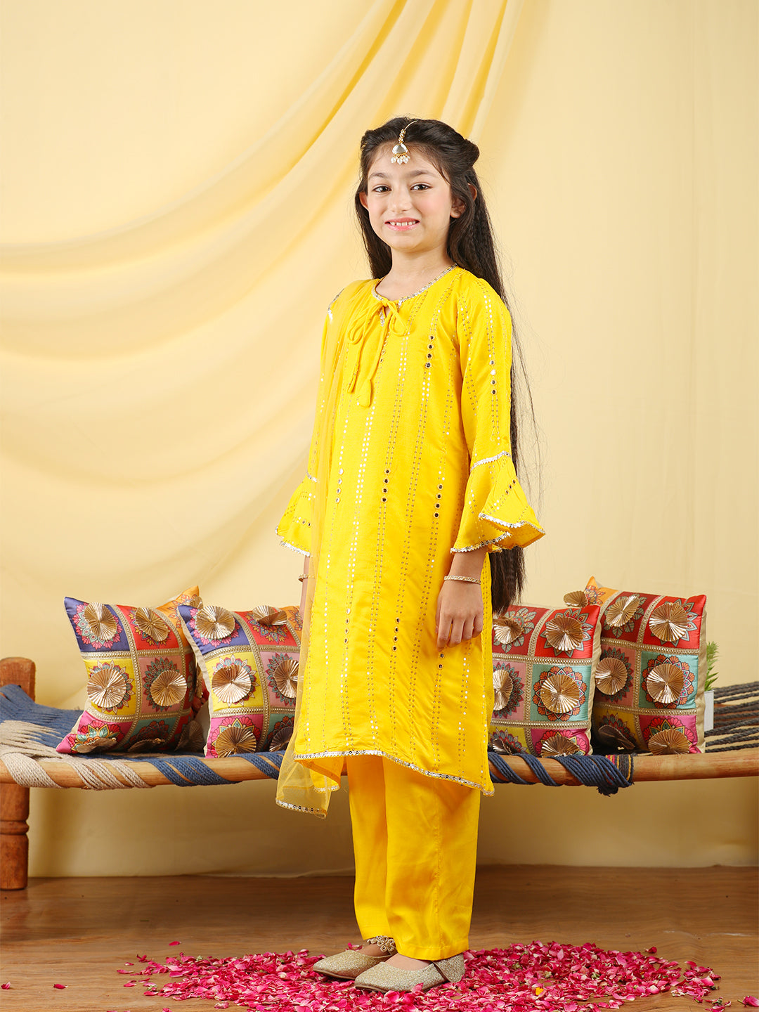 Cutiekins Girls Embroidered Mirror Work Kurta & Palazzo with Dupatta -Yellow & Gold