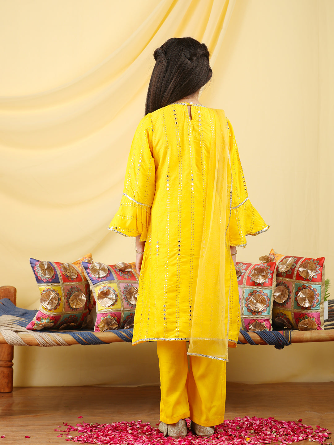 Cutiekins Girls Embroidered Mirror Work Kurta & Palazzo with Dupatta -Yellow & Gold