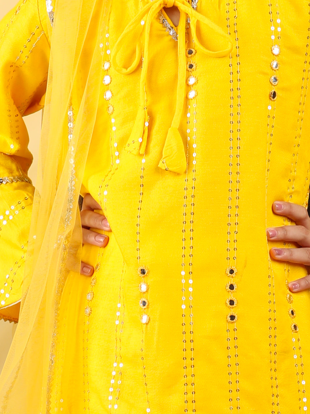 Cutiekins Girls Embroidered Mirror Work Kurta & Palazzo with Dupatta -Yellow & Gold