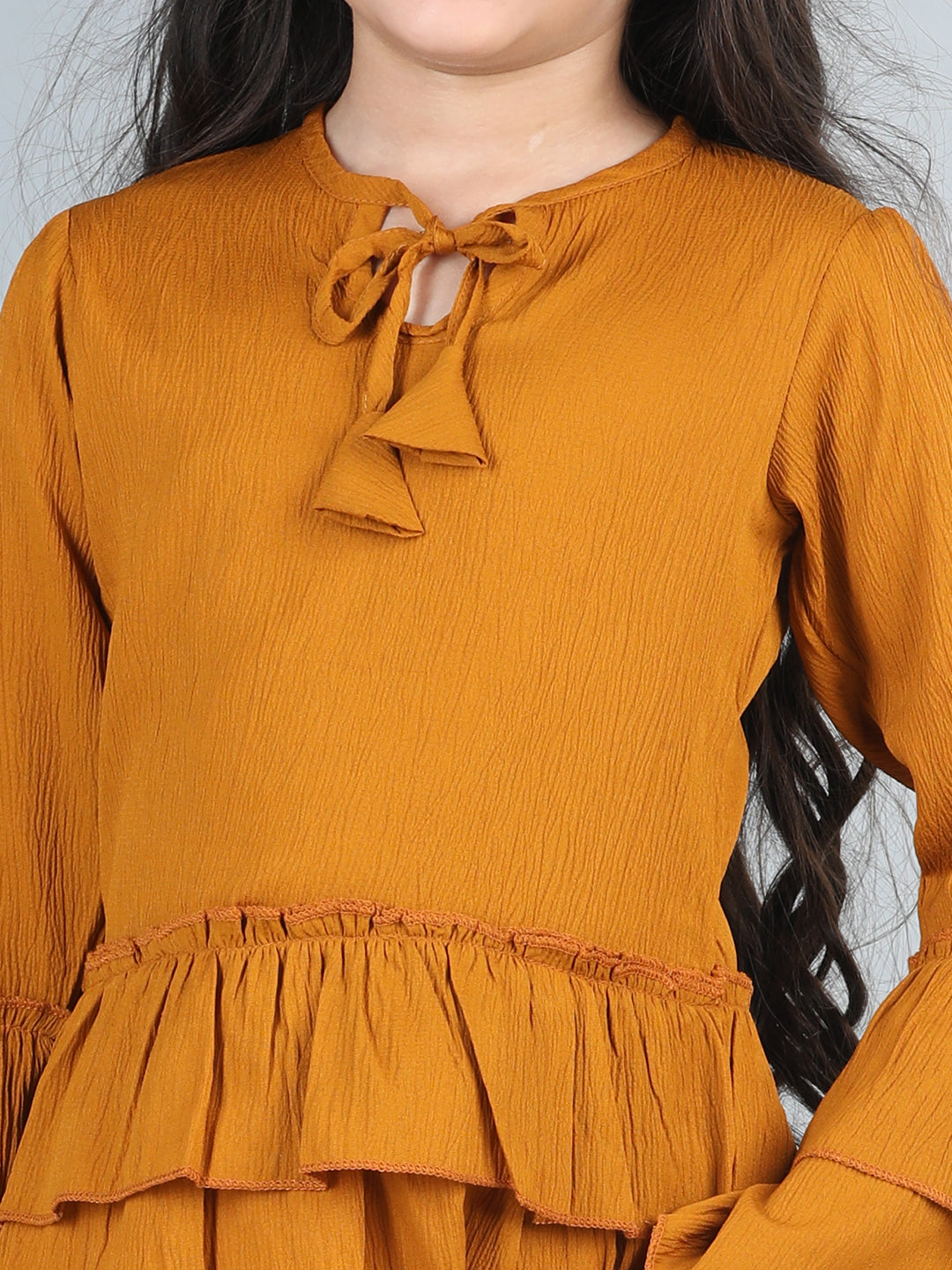 Cutiekins Girls Solid Tie-up Top With Solid Trouser -Mustard & White