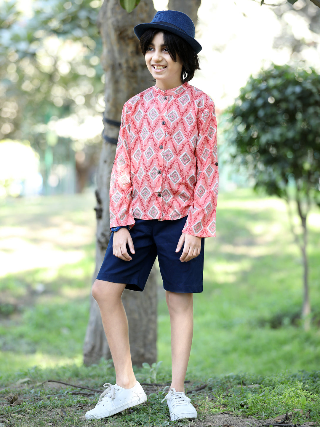 Cutiekins Geometric Printed Shirt & Shorts Set-Peach & Navy Blue