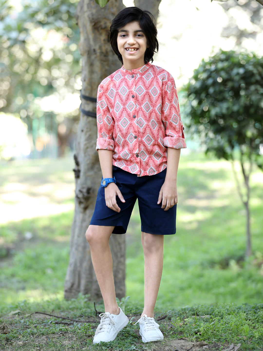 Cutiekins Geometric Printed Shirt & Shorts Set-Peach & Navy Blue