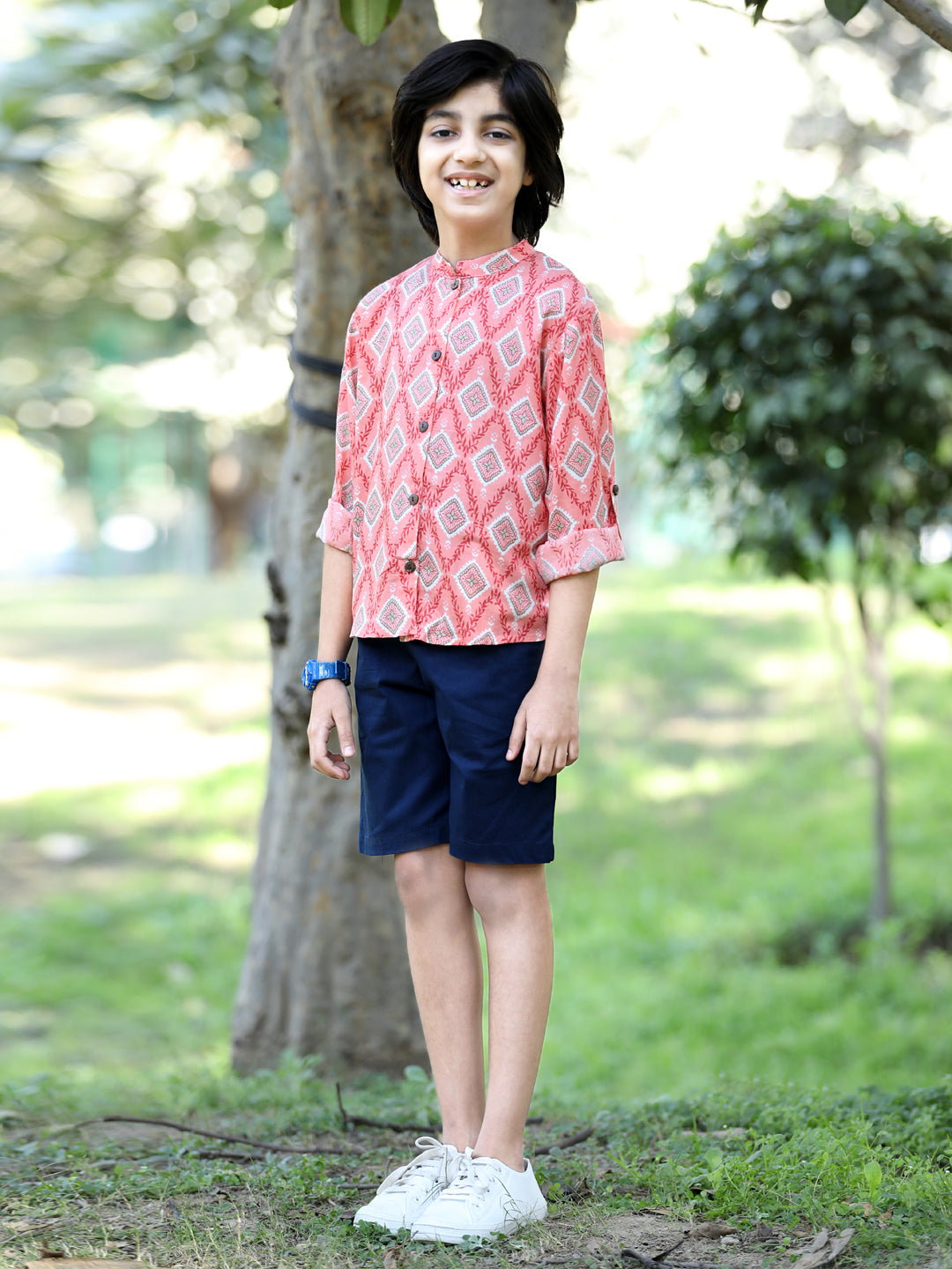 Cutiekins Geometric Printed Shirt & Shorts Set-Peach & Navy Blue