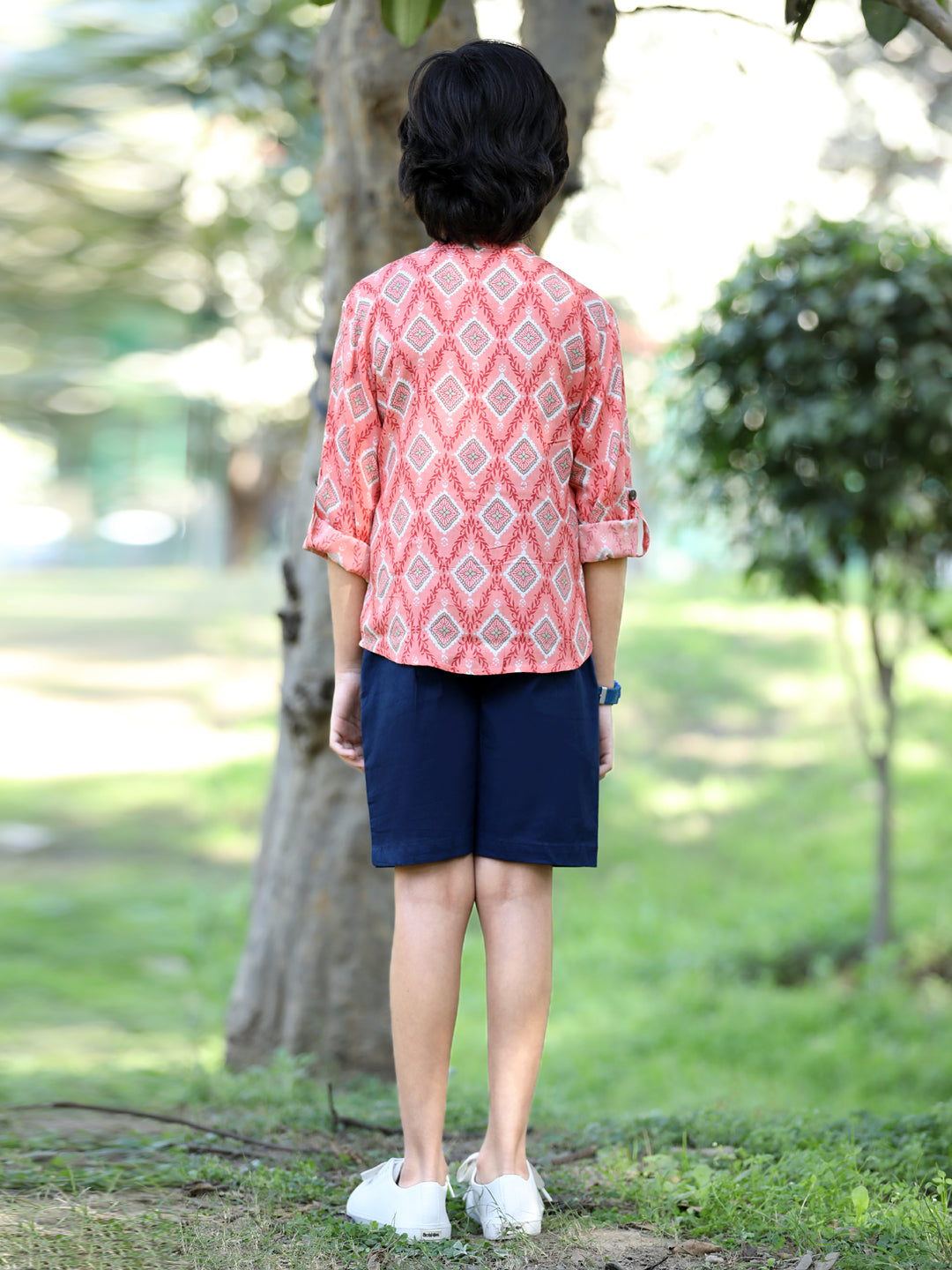 Cutiekins Geometric Printed Shirt & Shorts Set-Peach & Navy Blue
