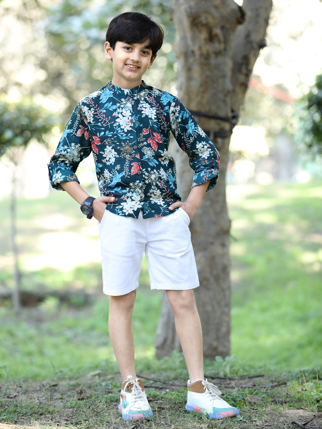 Cutiekins Floral & Leaf Printed Shirt & Shorts Set-Teal & White