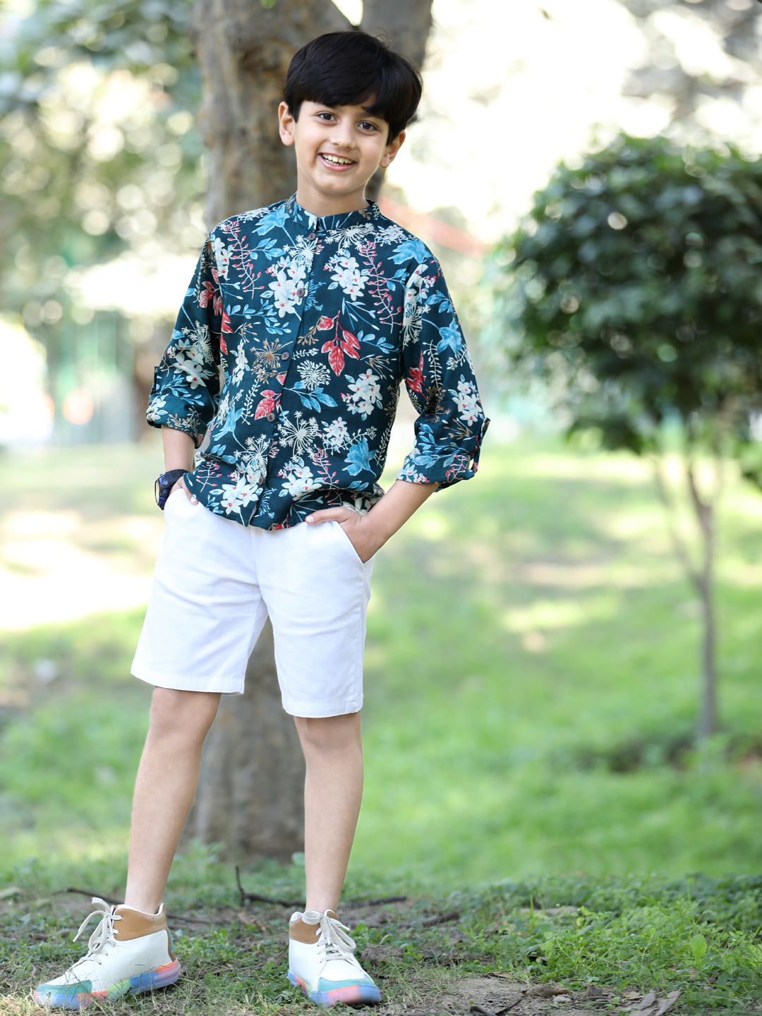 Cutiekins Floral & Leaf Printed Shirt & Shorts Set-Teal & White