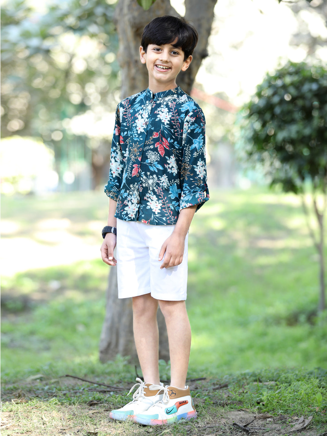 Cutiekins Floral & Leaf Printed Shirt & Shorts Set-Teal & White