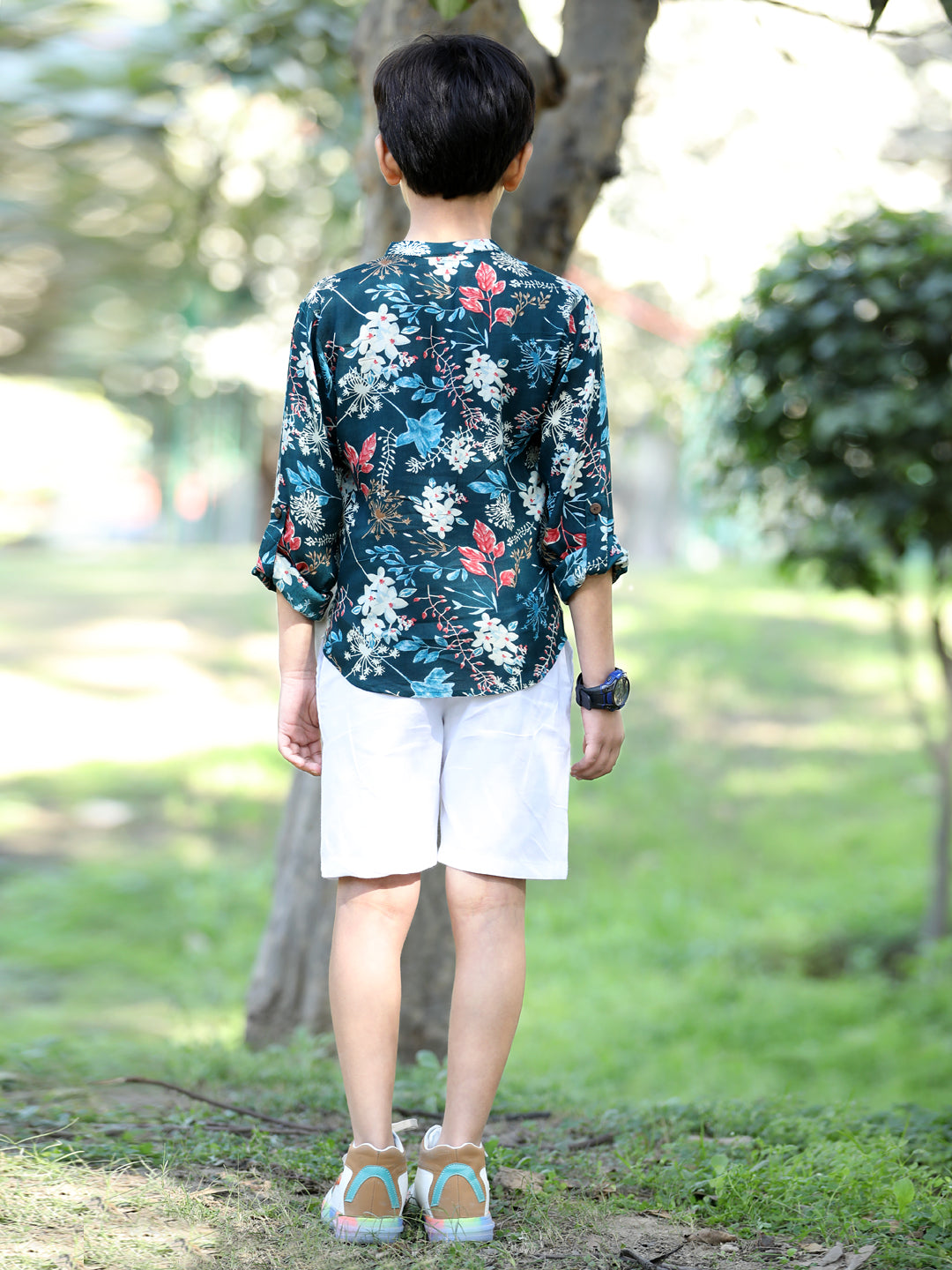 Cutiekins Floral & Leaf Printed Shirt & Shorts Set-Teal & White