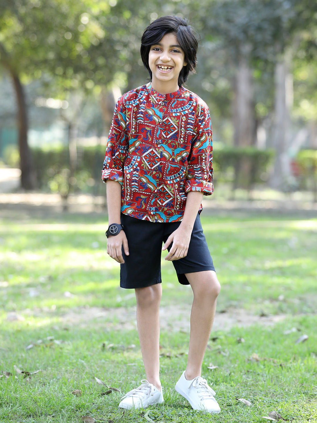 Cutiekins Tribal Printed Shirt & Shorts Set-Maroon & Black