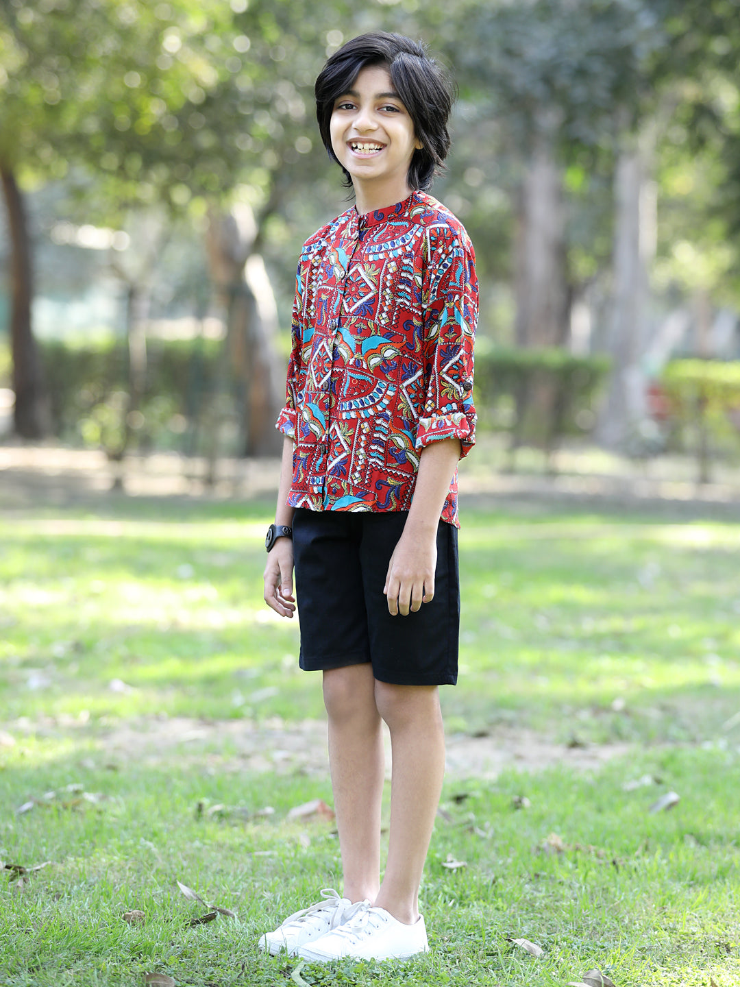 Cutiekins Tribal Printed Shirt & Shorts Set-Maroon & Black