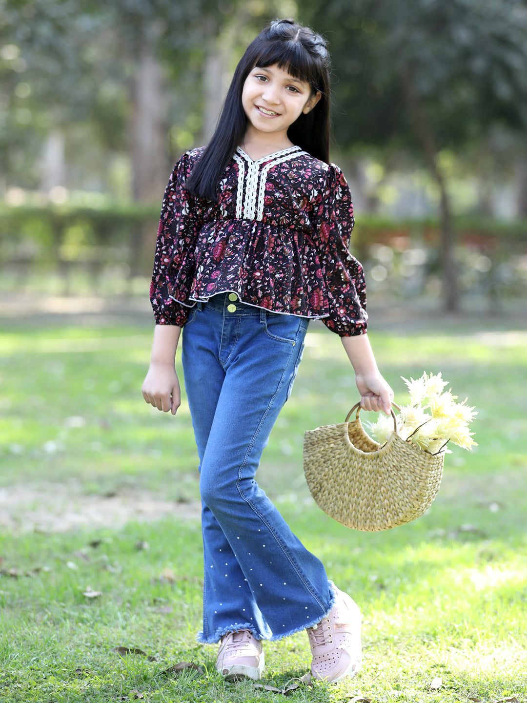 Cutiekins Floral Printed V-Neck Peplum Top -Brown & White