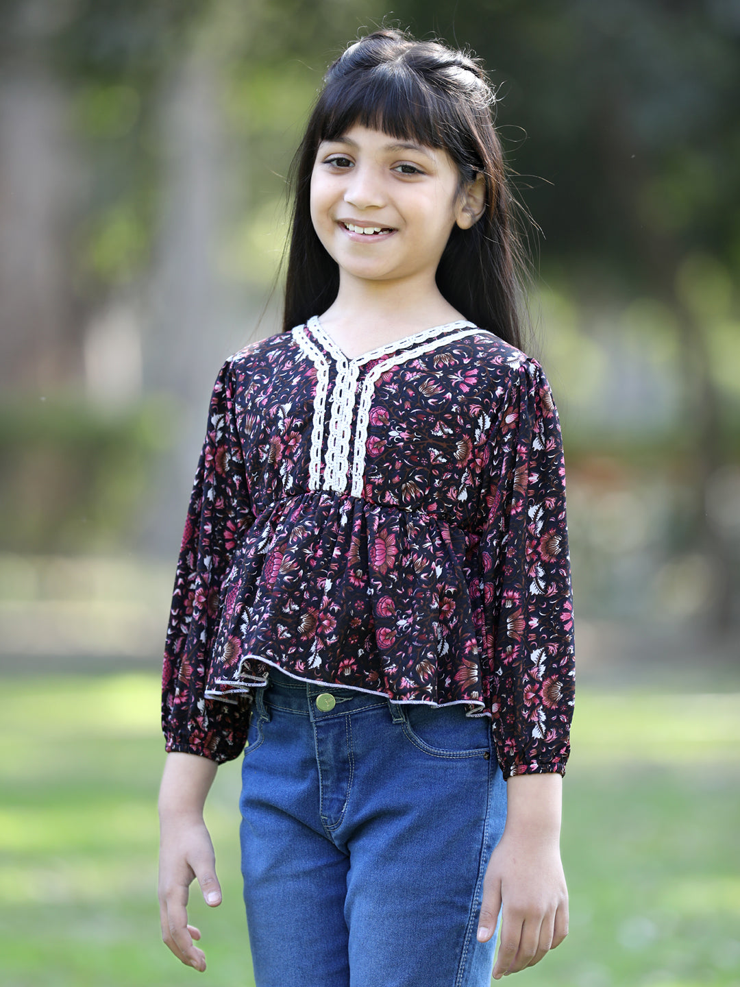 Cutiekins Floral Printed V-Neck Peplum Top -Brown & White