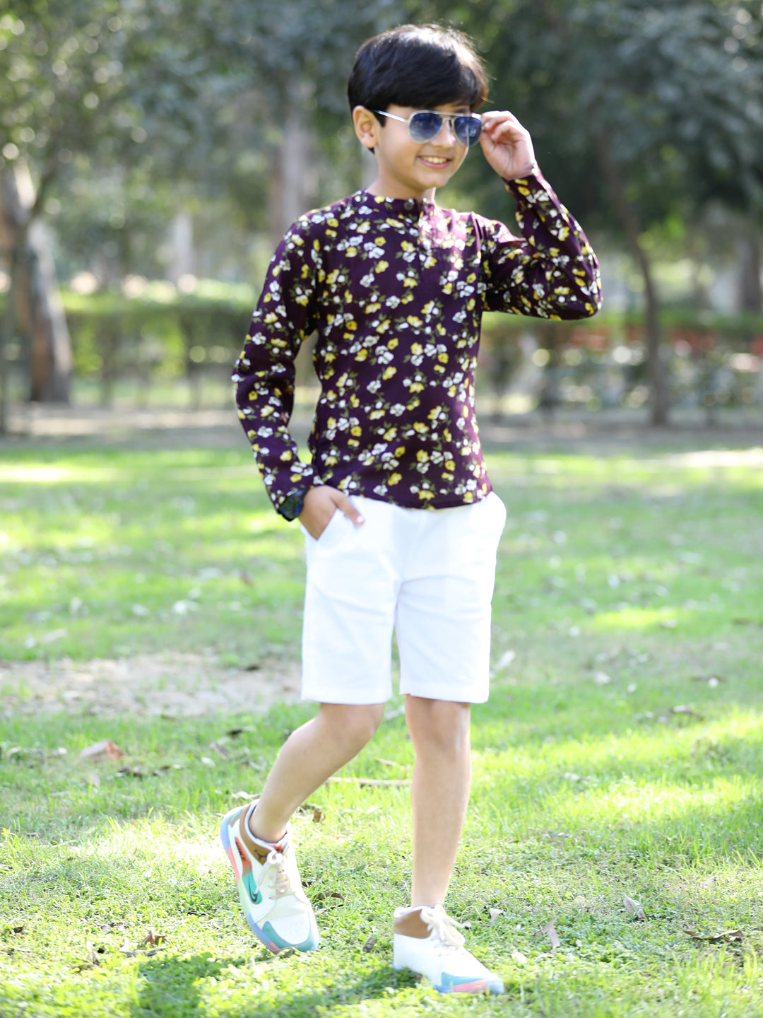 Cutiekins Floral & Leaf Printed Shirt & Shorts Set-Purple & White