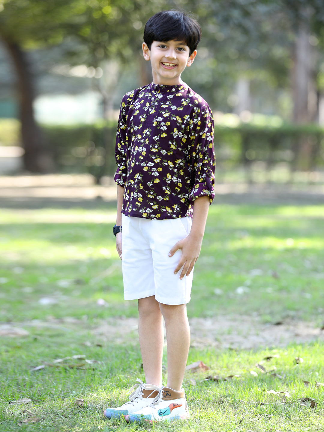 Cutiekins Floral & Leaf Printed Shirt & Shorts Set-Purple & White
