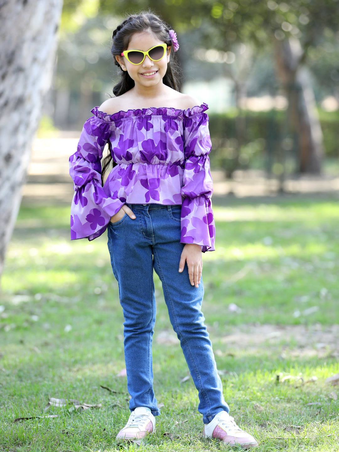 Cutiekins Floral Printed Off Shoulder Long Sleeves Top -Purple & Blue