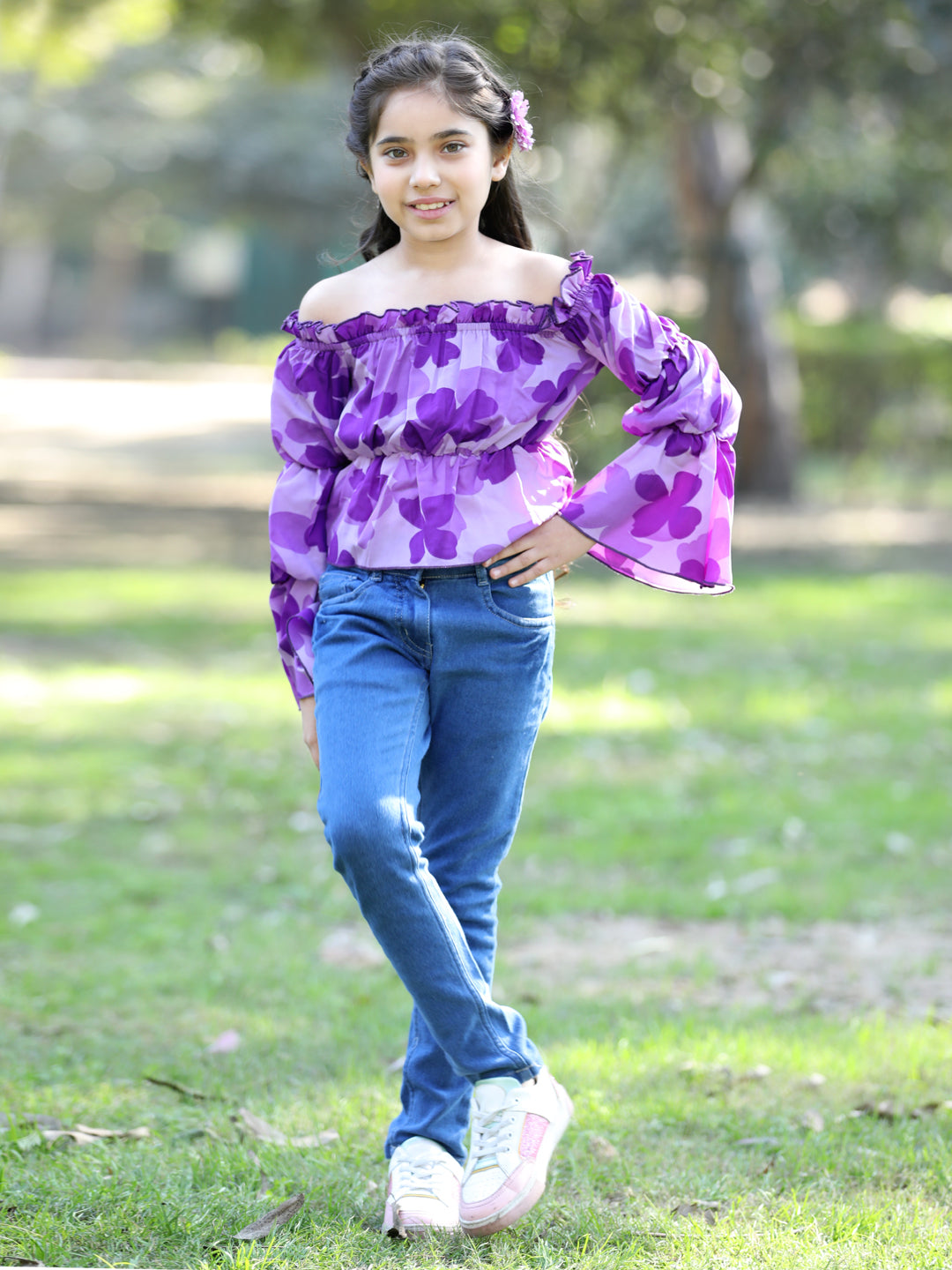 Cutiekins Floral Printed Off Shoulder Long Sleeves Top -Purple & Blue