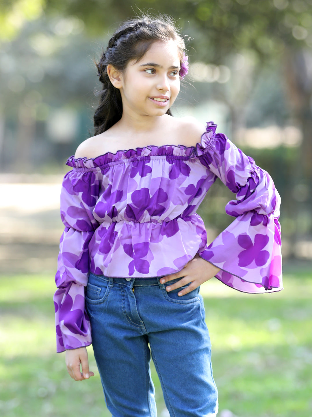 Cutiekins Floral Printed Off Shoulder Long Sleeves Top -Purple & Blue