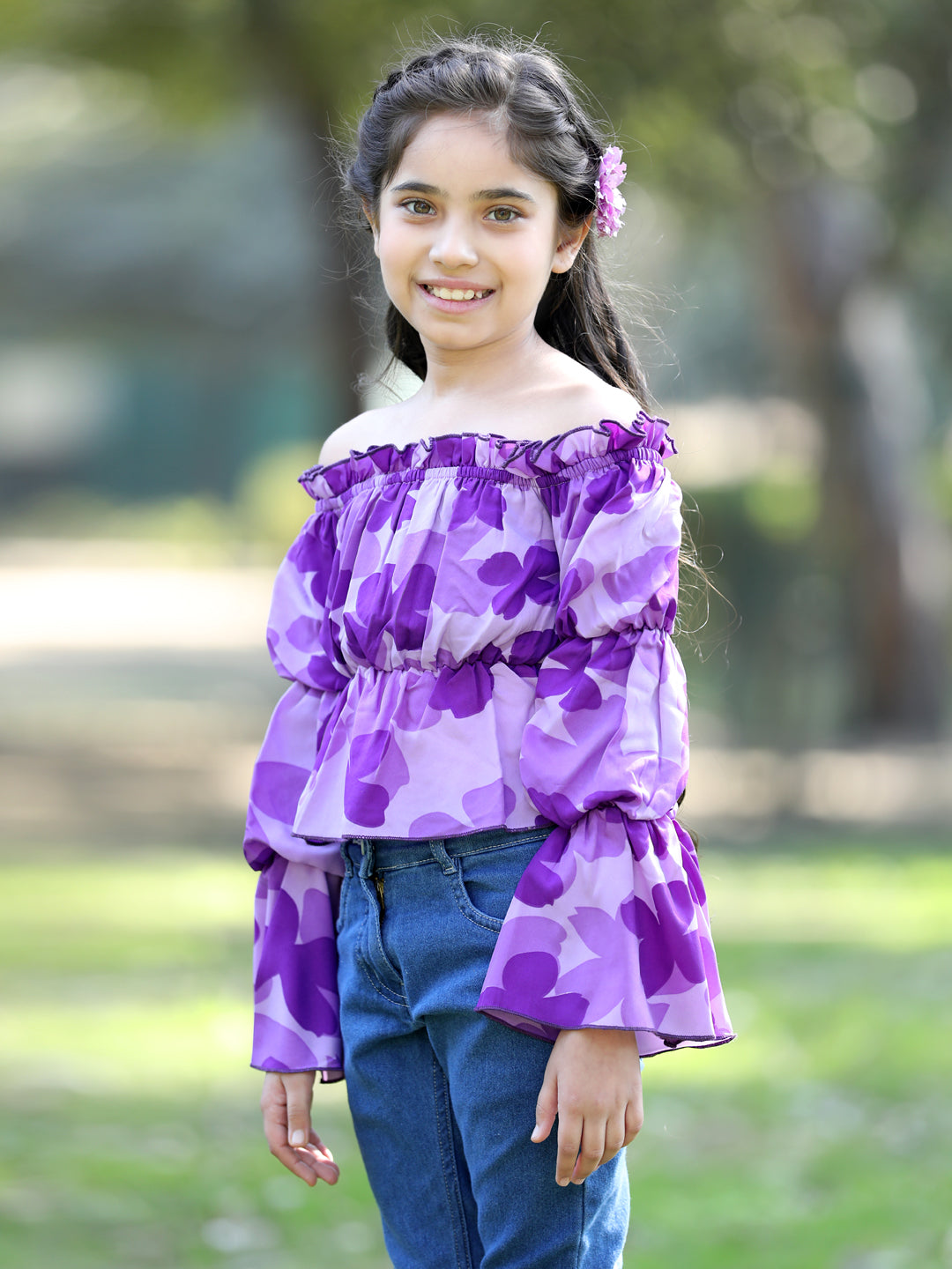 Cutiekins Floral Printed Off Shoulder Long Sleeves Top -Purple & Blue