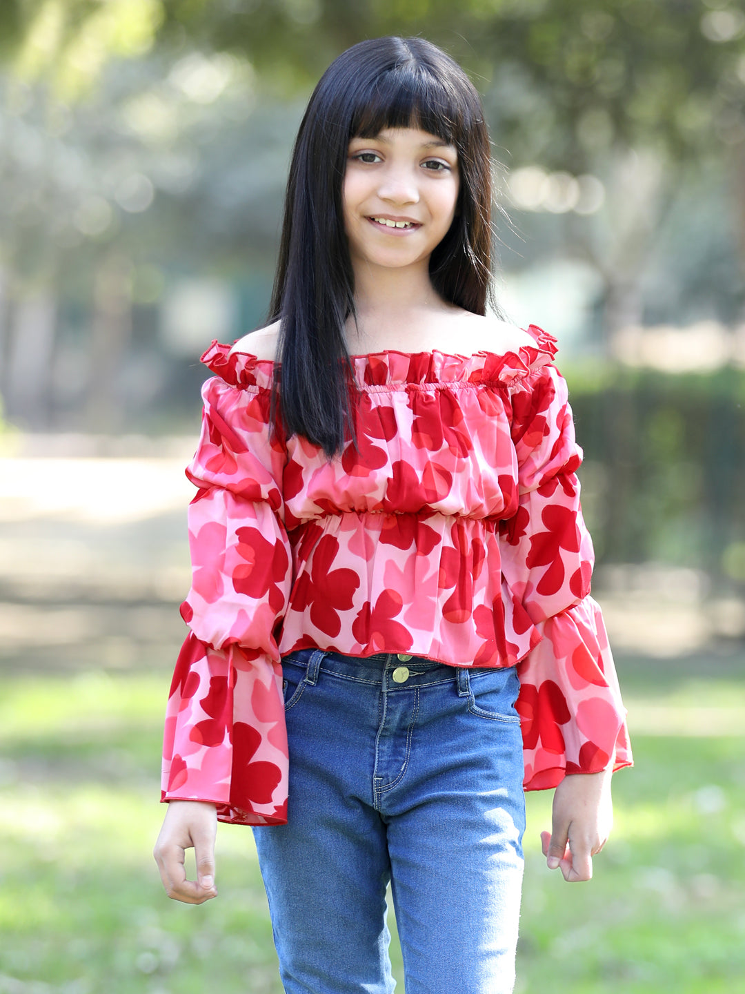 Cutiekins Floral Printed Off Shoulder Long Sleeves Top -Peach & Red