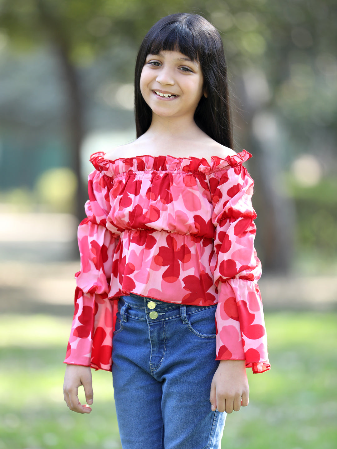 Cutiekins Floral Printed Off Shoulder Long Sleeves Top -Peach & Red