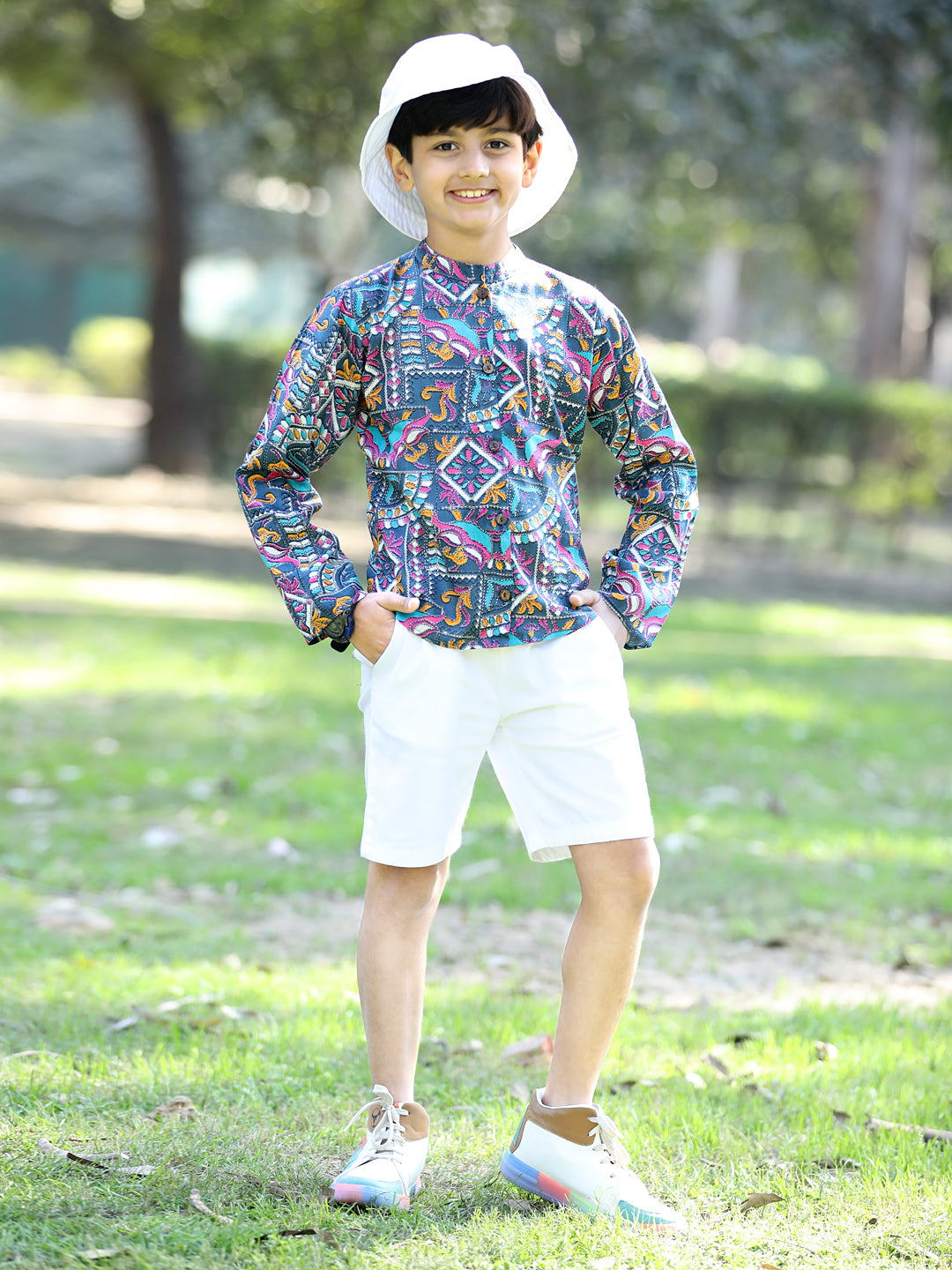Cutiekins Tribal Printed Shirt & Shorts Set-Royal Blue & White