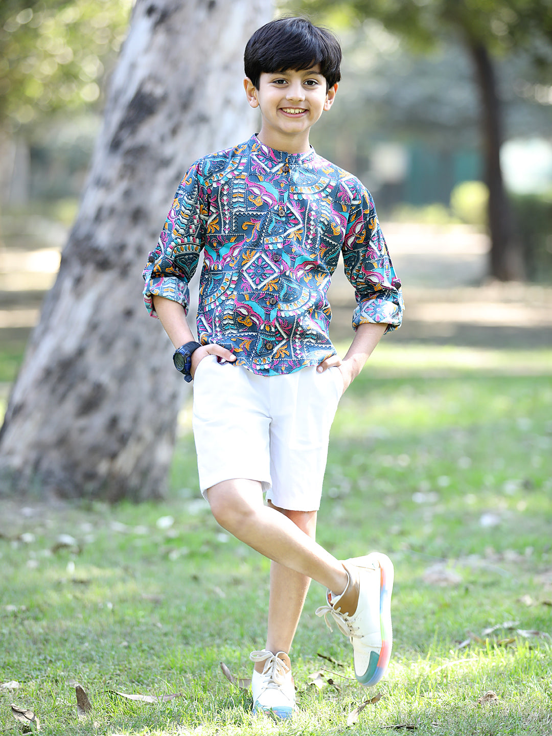 Cutiekins Tribal Printed Shirt & Shorts Set-Royal Blue & White