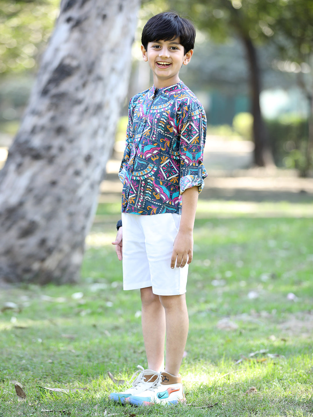 Cutiekins Tribal Printed Shirt & Shorts Set-Royal Blue & White