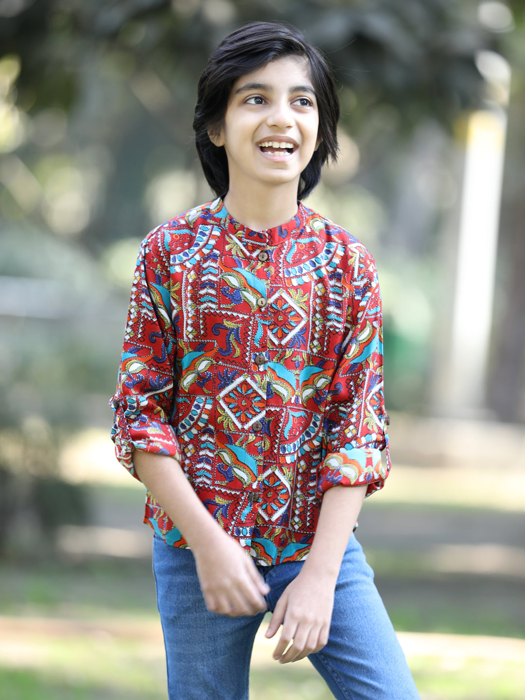 Cutiekins Tribal Printed Shirt -Maroon & Blue