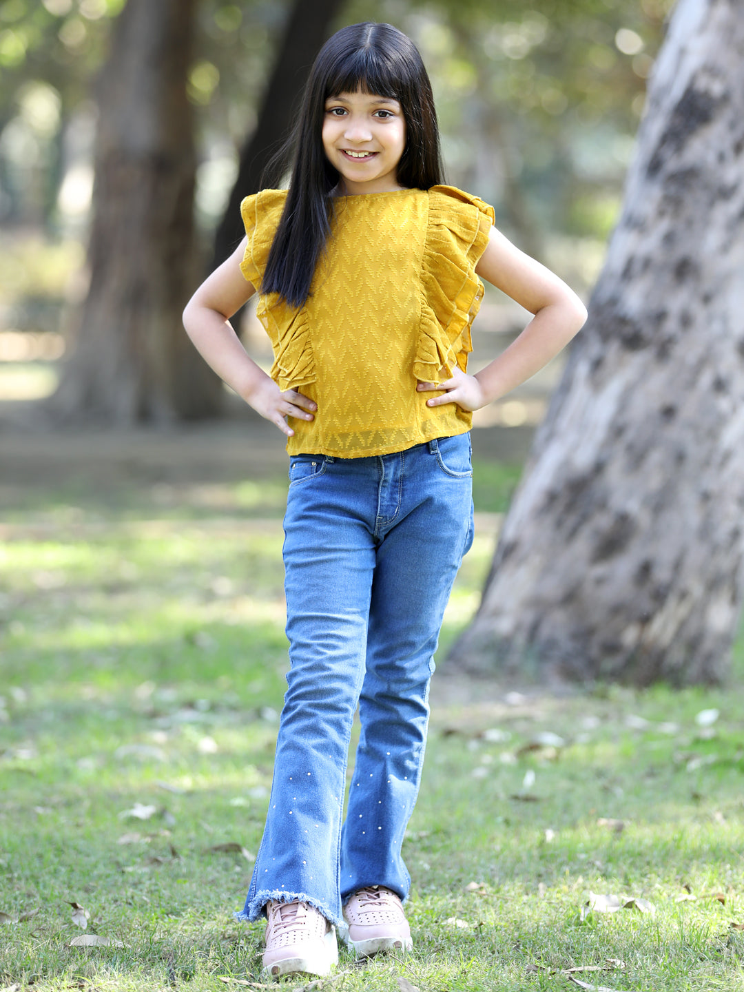 Cutiekins Side frill Georgette Round Neck Top -Mustard