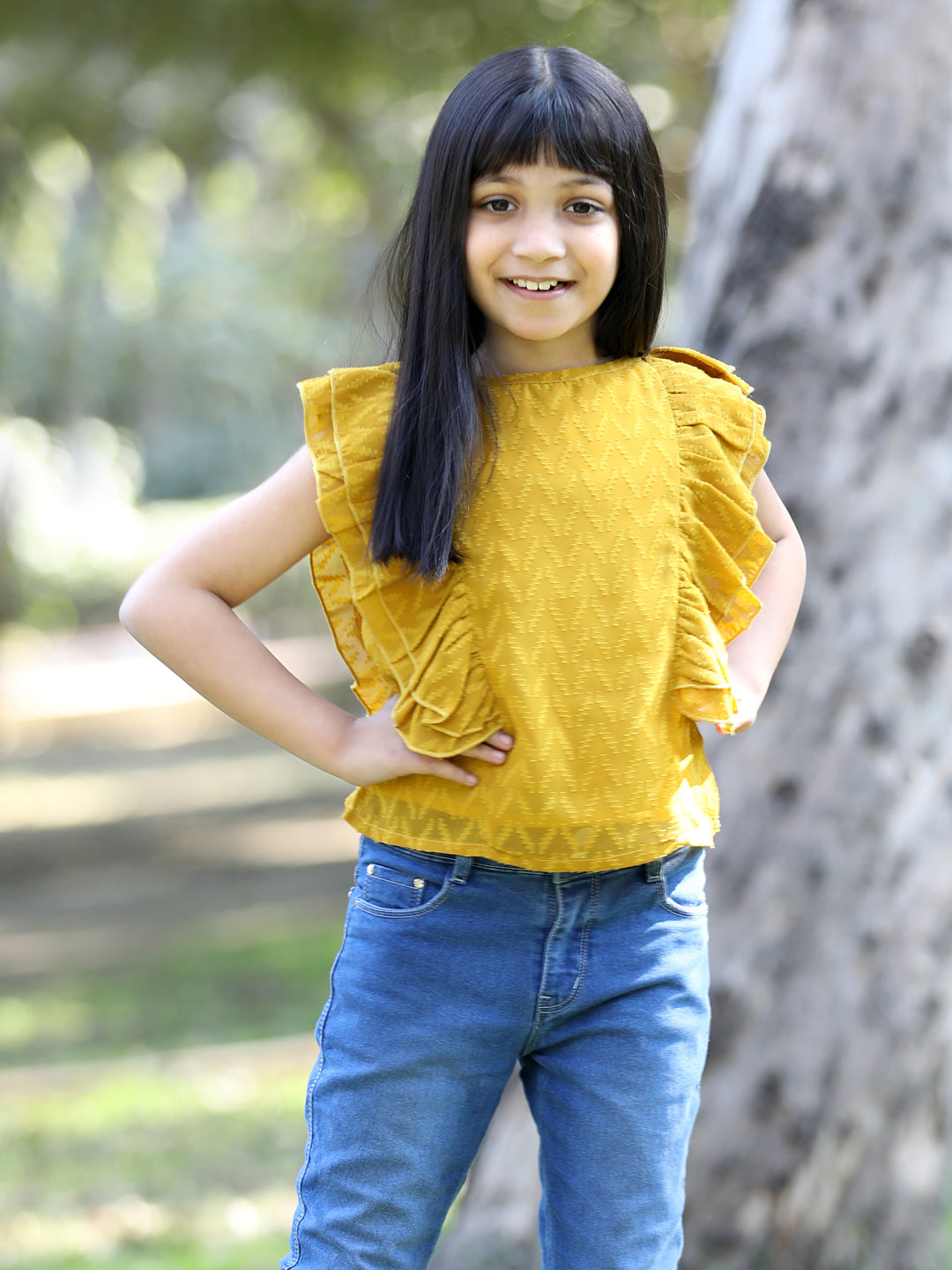 Cutiekins Side frill Georgette Round Neck Top -Mustard