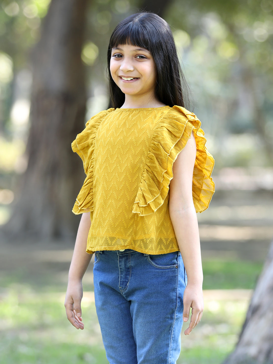 Cutiekins Side frill Georgette Round Neck Top -Mustard