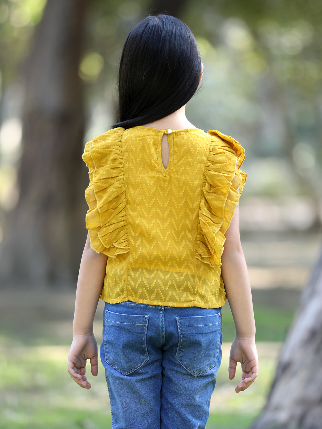 Cutiekins Side frill Georgette Round Neck Top -Mustard
