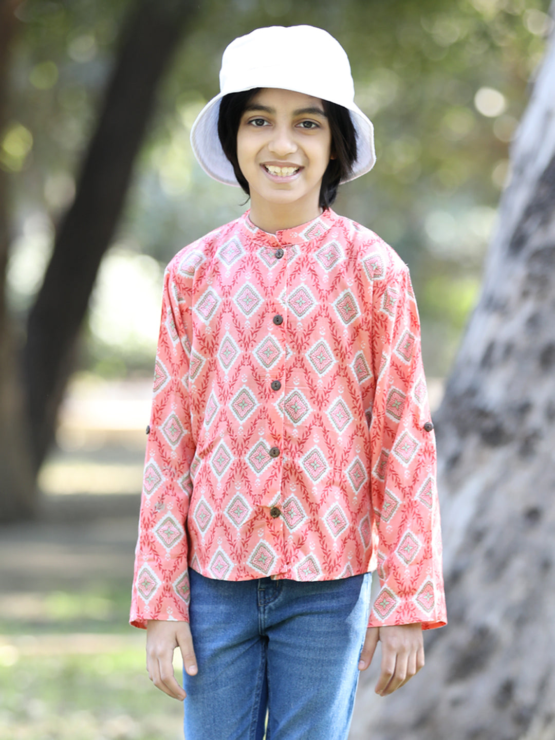 Cutiekins Geometric Printed Shirt -Peach & White