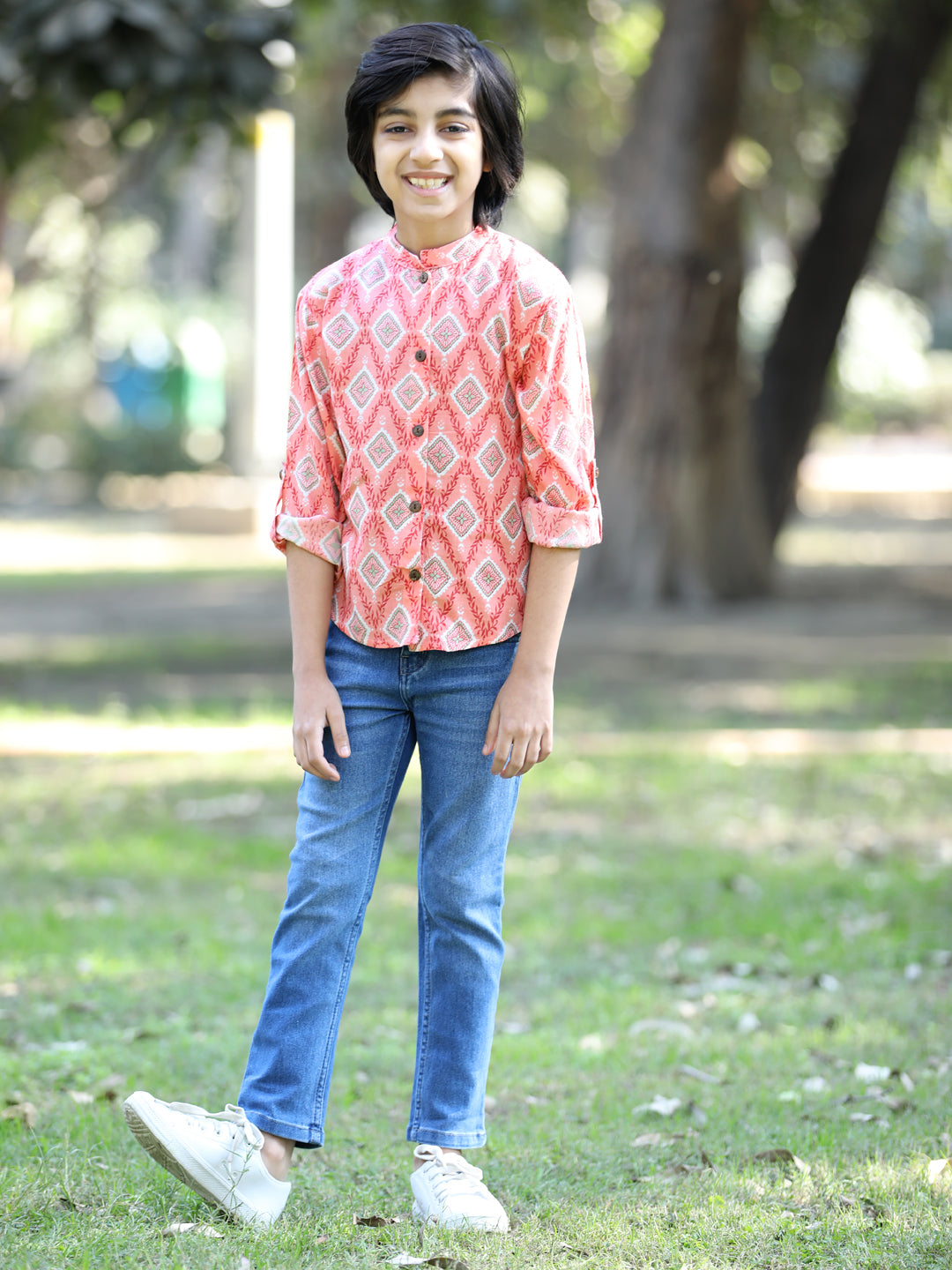 Cutiekins Geometric Printed Shirt -Peach & White