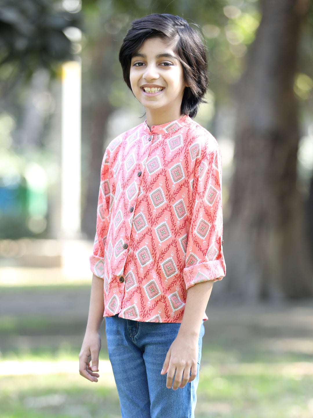 Cutiekins Geometric Printed Shirt -Peach & White