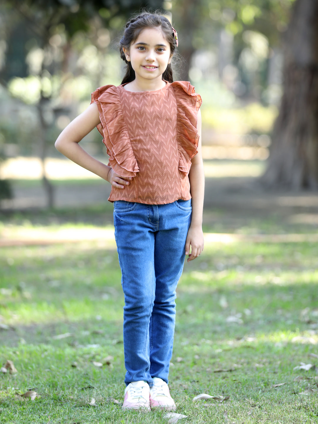 Cutiekins Side frill Georgette Round Neck Top -Light Brown