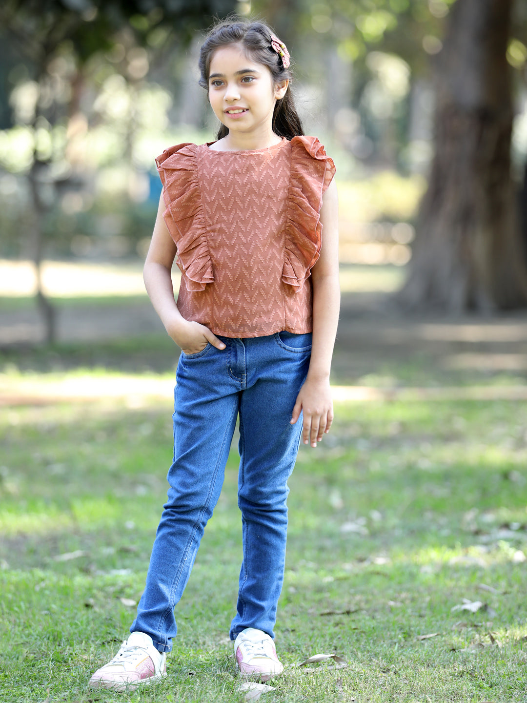Cutiekins Side frill Georgette Round Neck Top -Light Brown