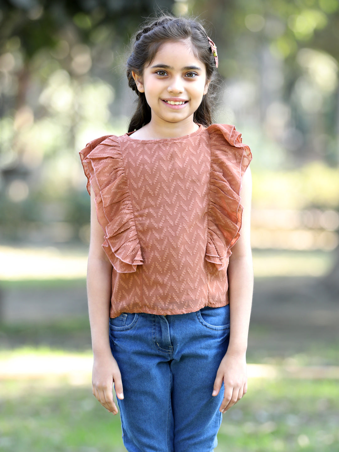 Cutiekins Side frill Georgette Round Neck Top -Light Brown