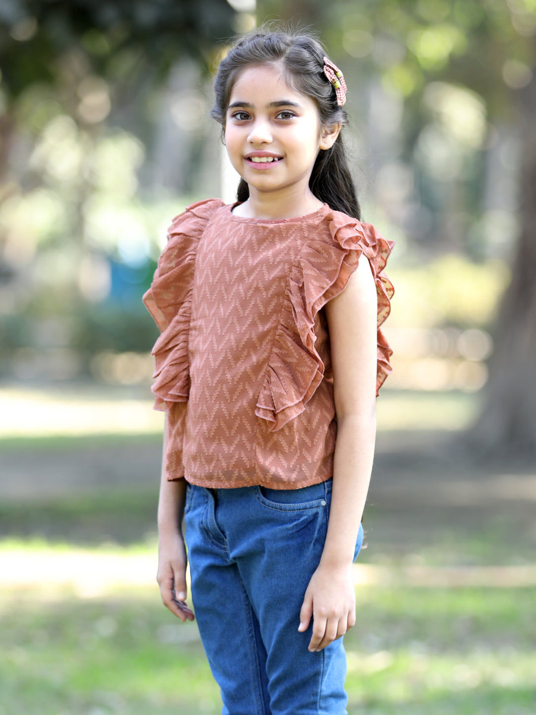 Cutiekins Side frill Georgette Round Neck Top -Light Brown