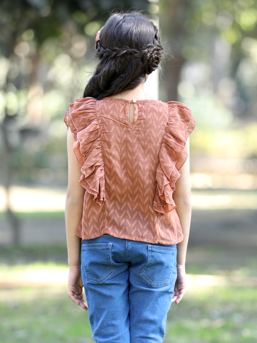 Cutiekins Side frill Georgette Round Neck Top -Light Brown