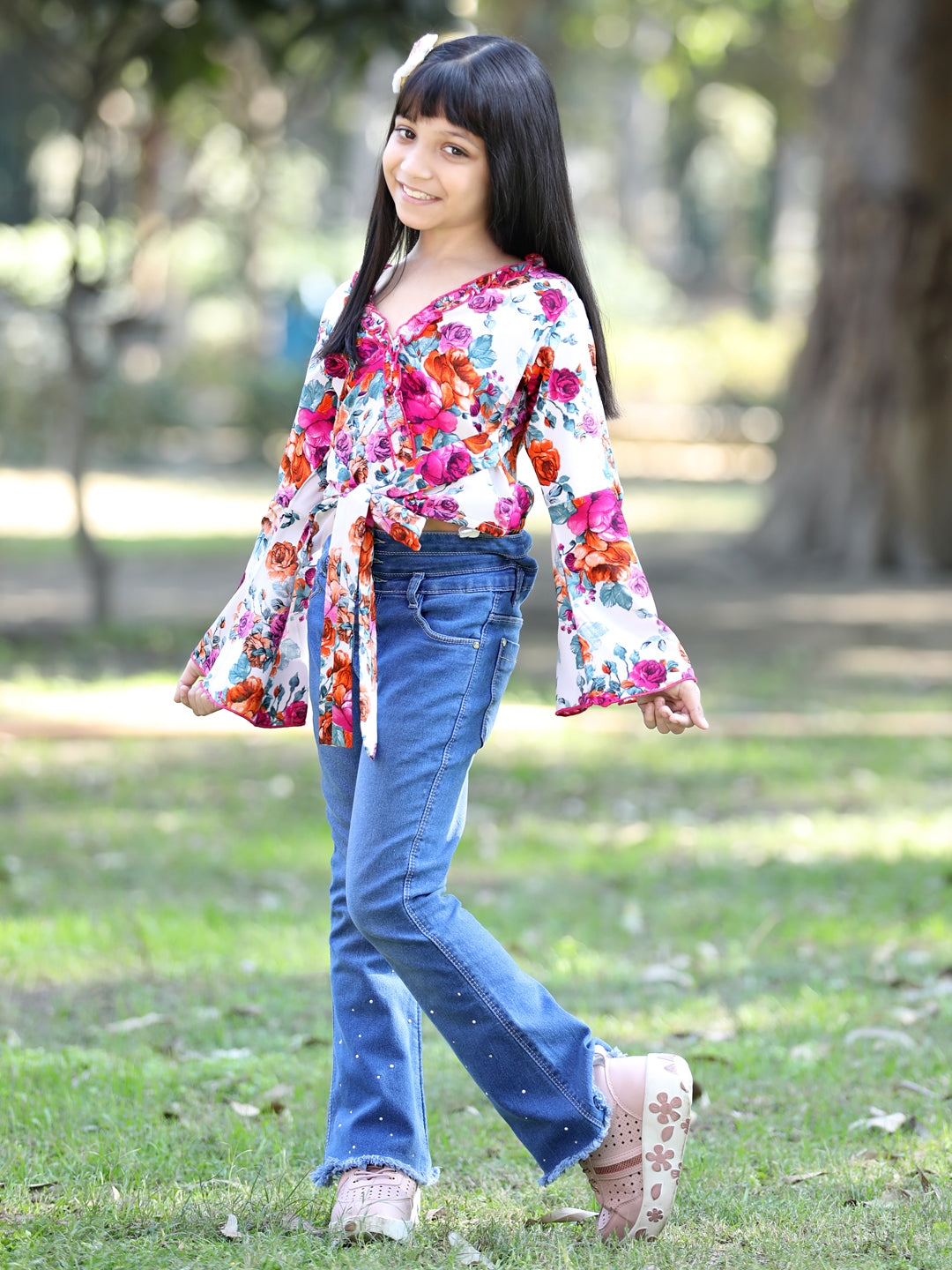 Cutiekins Floral Printed V-Neck Long Sleeves Top- White & Pink