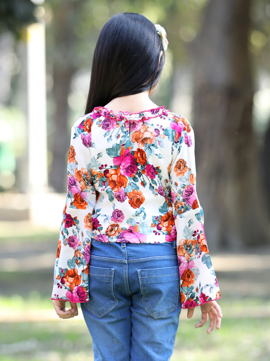 Cutiekins Floral Printed V-Neck Long Sleeves Top- White & Pink