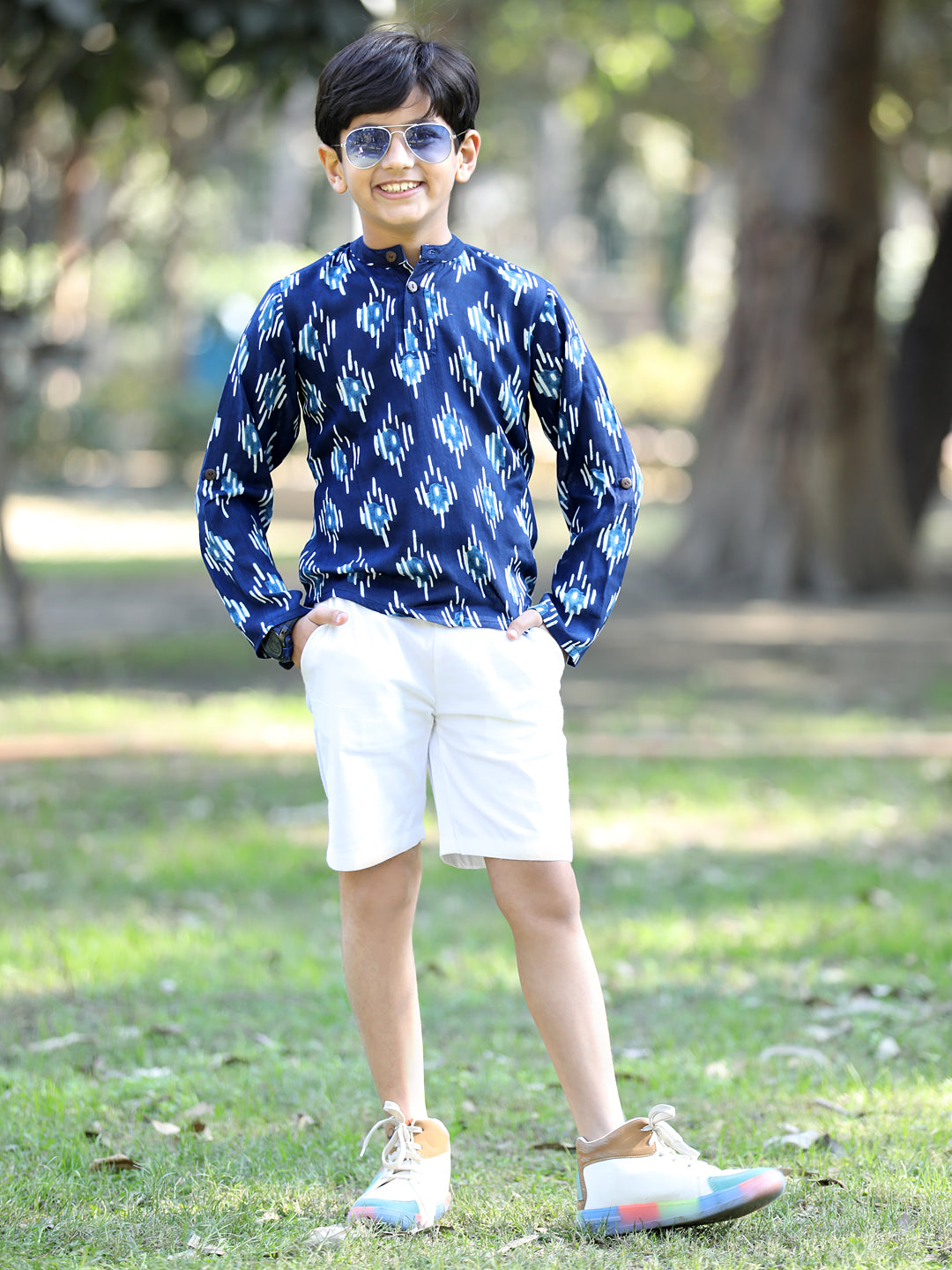 Cutiekins Geometric Printed T-Shirt & Shorts Set-Navy Blue & White