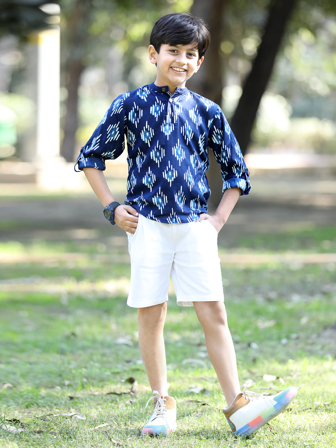 Cutiekins Geometric Printed T-Shirt & Shorts Set-Navy Blue & White