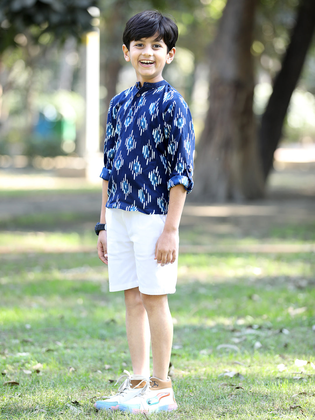 Cutiekins Geometric Printed T-Shirt & Shorts Set-Navy Blue & White