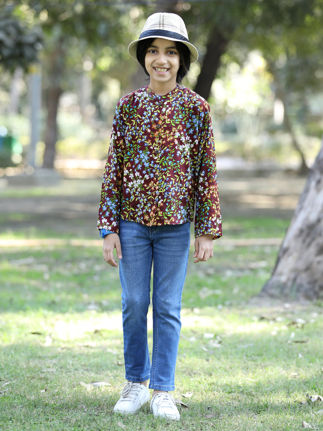 Cutiekins Floral & Leaf Printed Shirt -Brown & Green