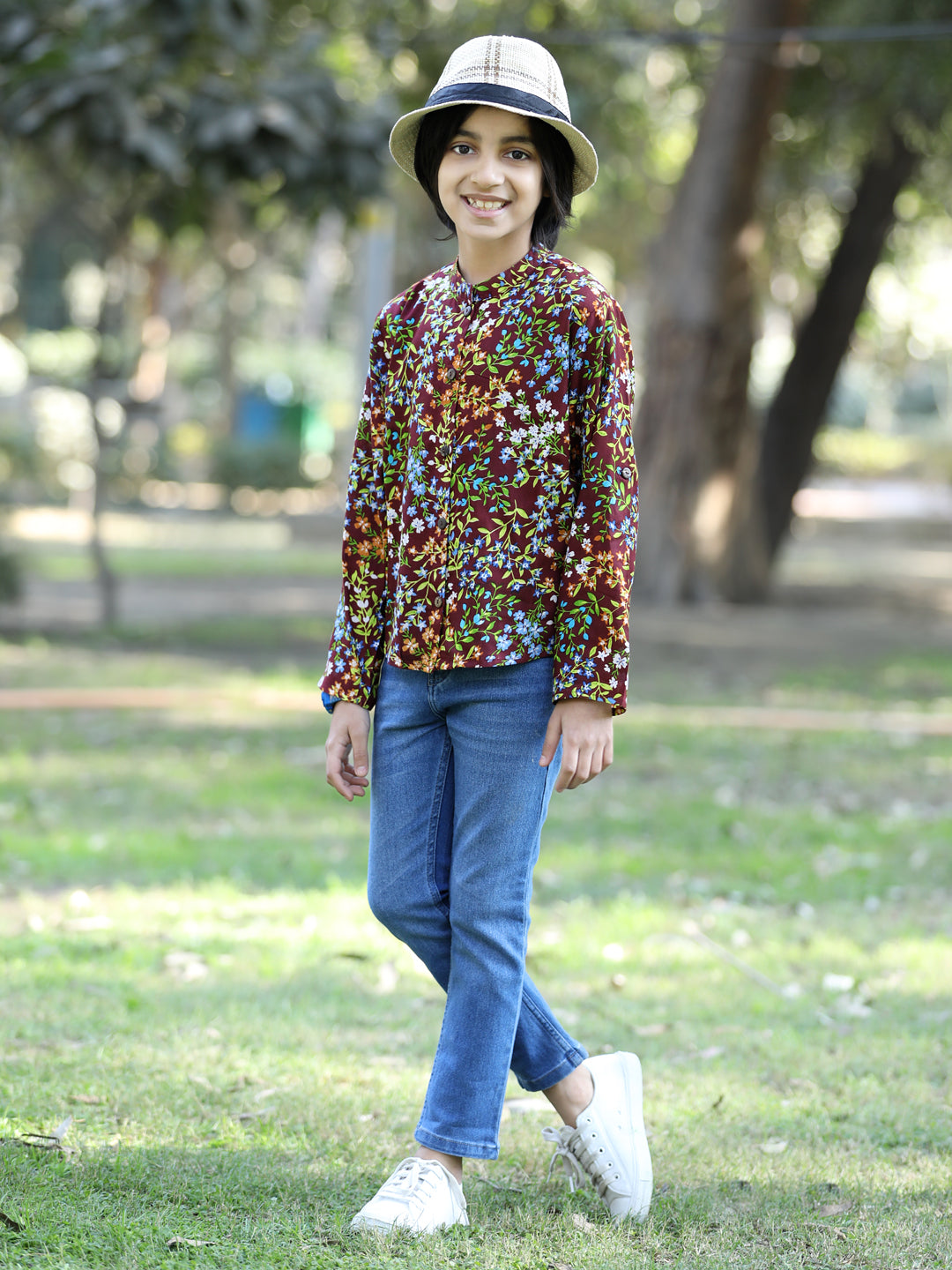 Cutiekins Floral & Leaf Printed Shirt -Brown & Green