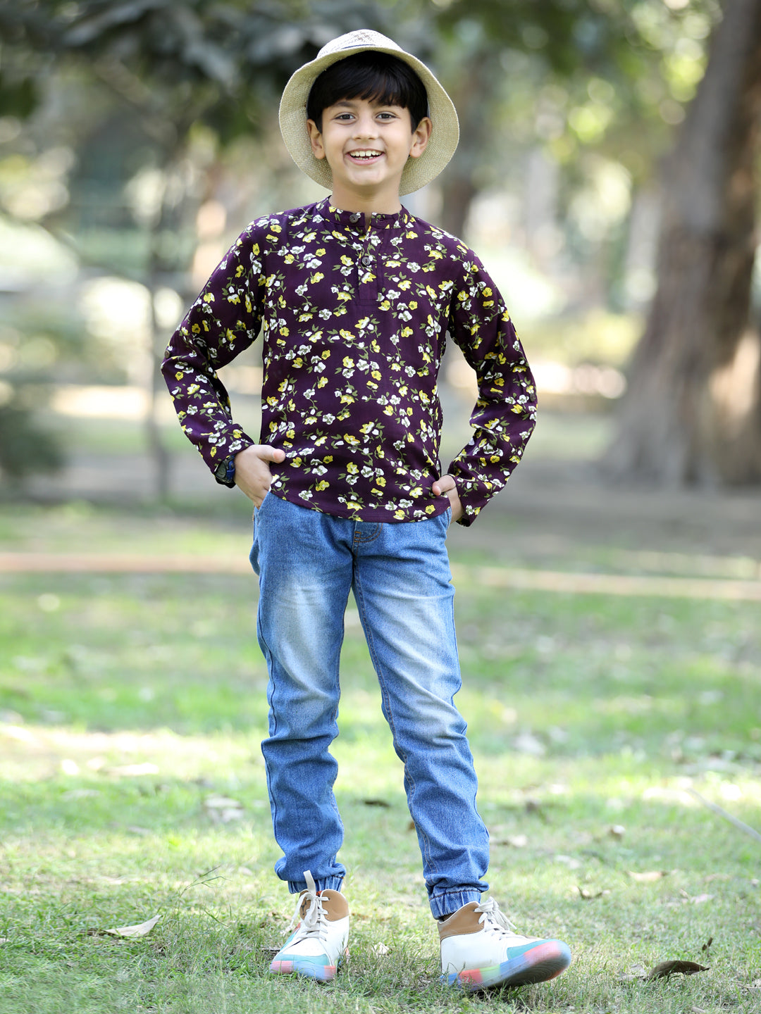 Cutiekins Floral & Leaf Printed T-Shirt - Purple & White