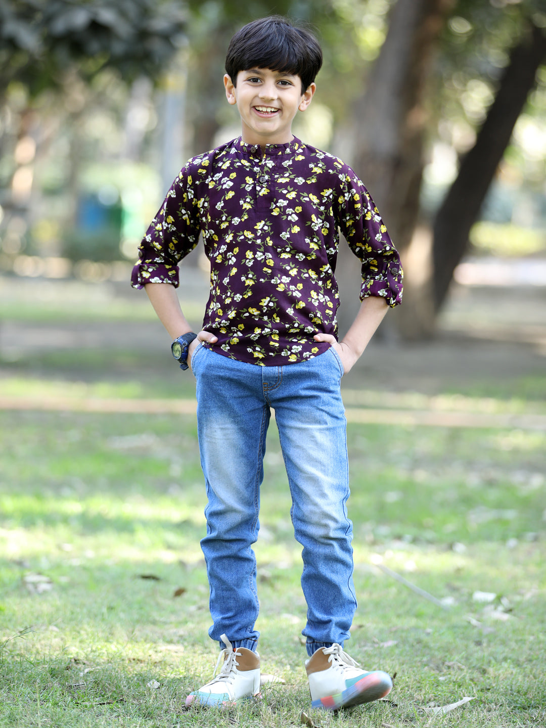 Cutiekins Floral & Leaf Printed T-Shirt - Purple & White