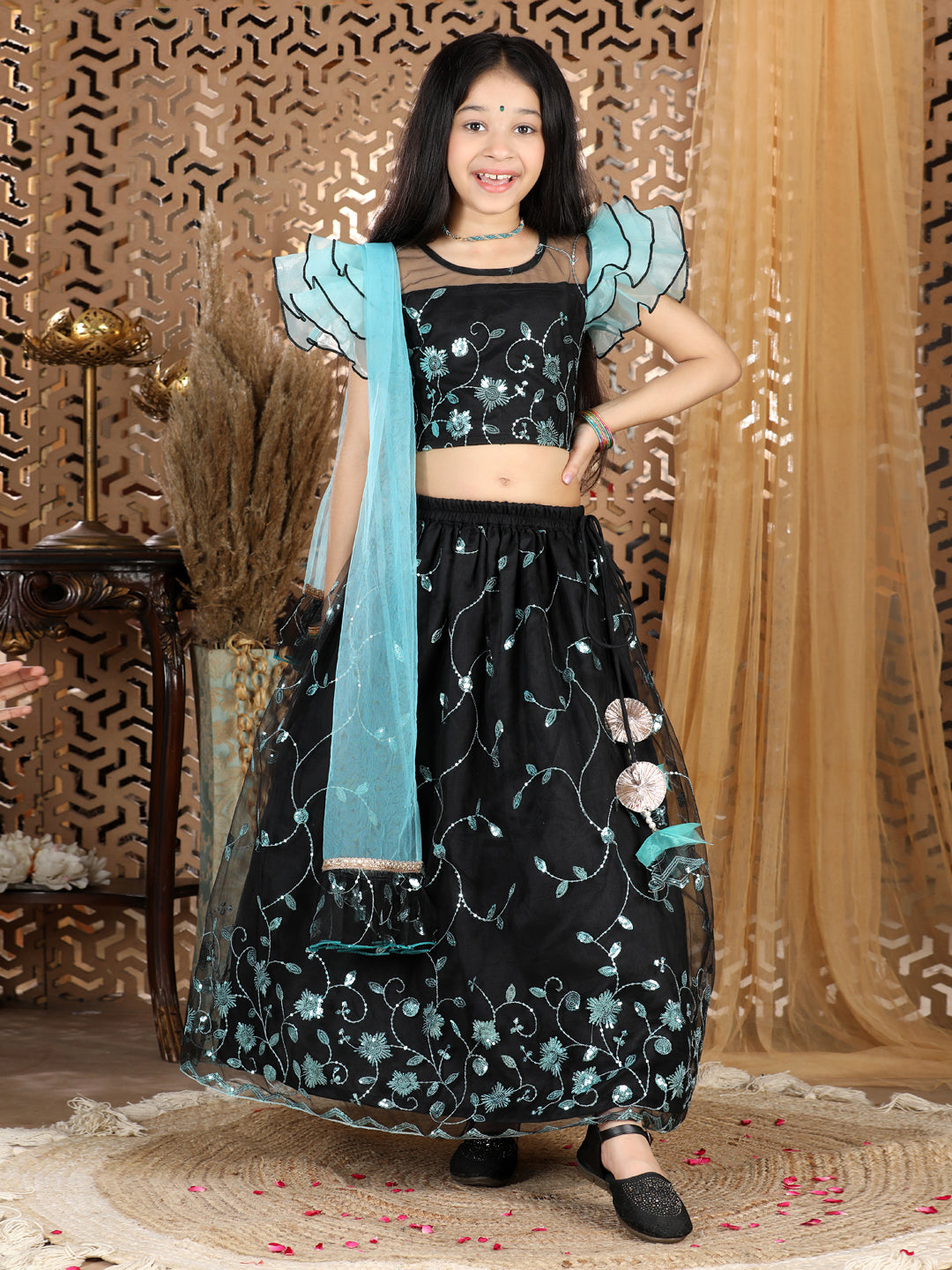 Cutiekins Sequence Work Net Lengha Choli Set- Sky Blue & Black